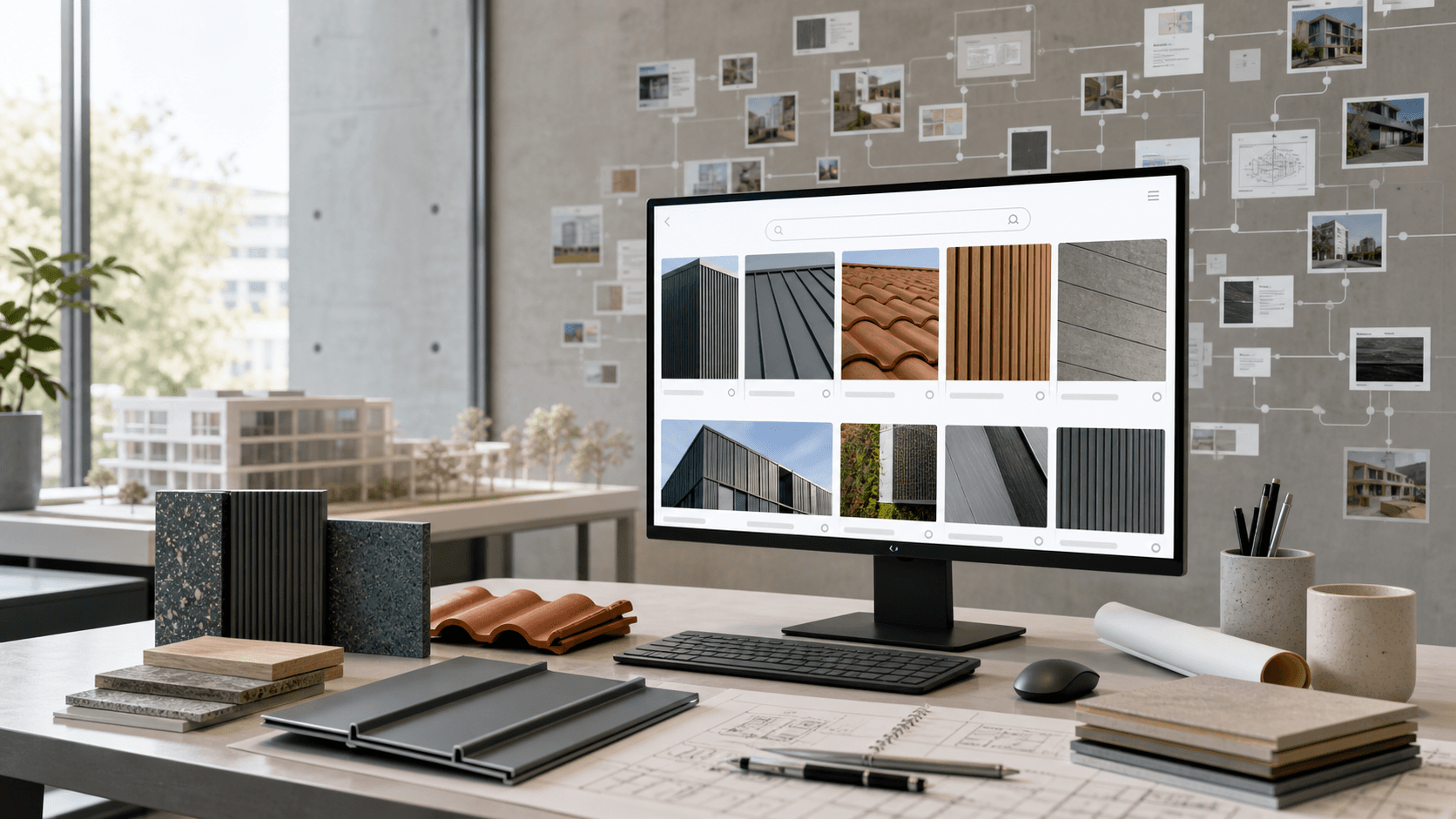 Facade and roofing material samples used for AI construction product search